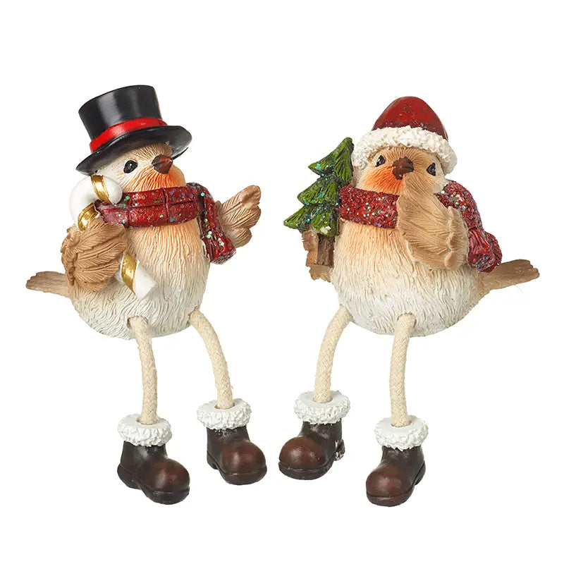 Robin Christmas ornament sitter dangly legs (holding candy cane)