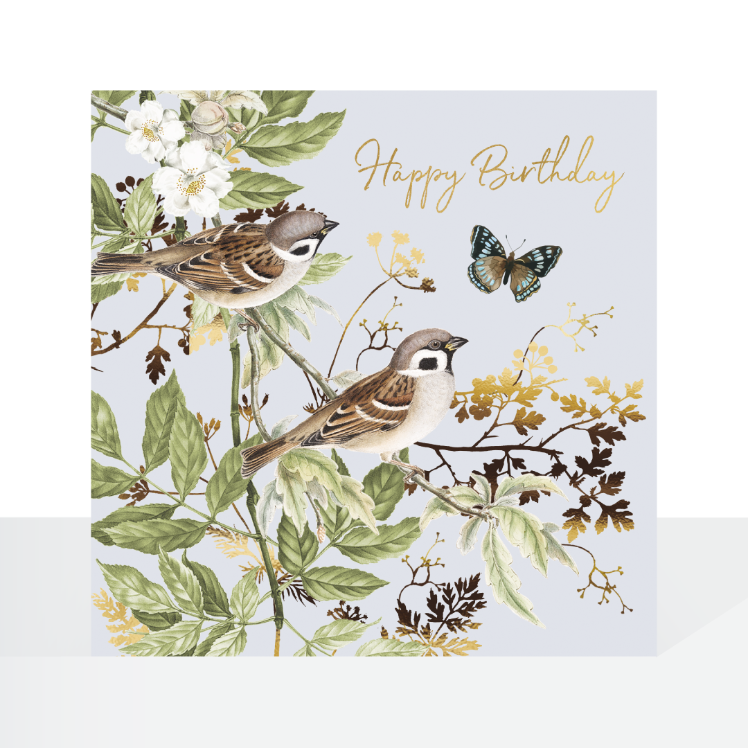 Meadow cottage birds in branches - birthday card