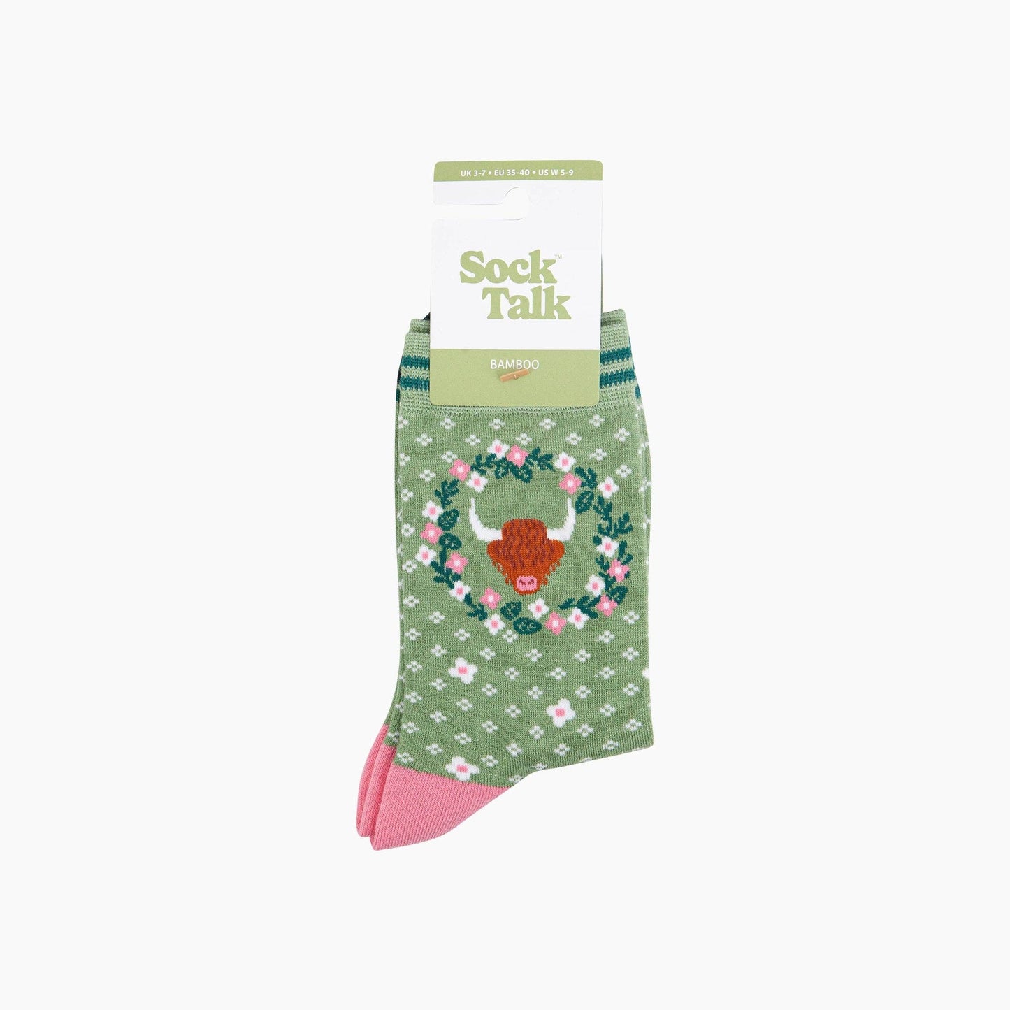 Highland Cow Floral Wreath Bamboo Socks in Green