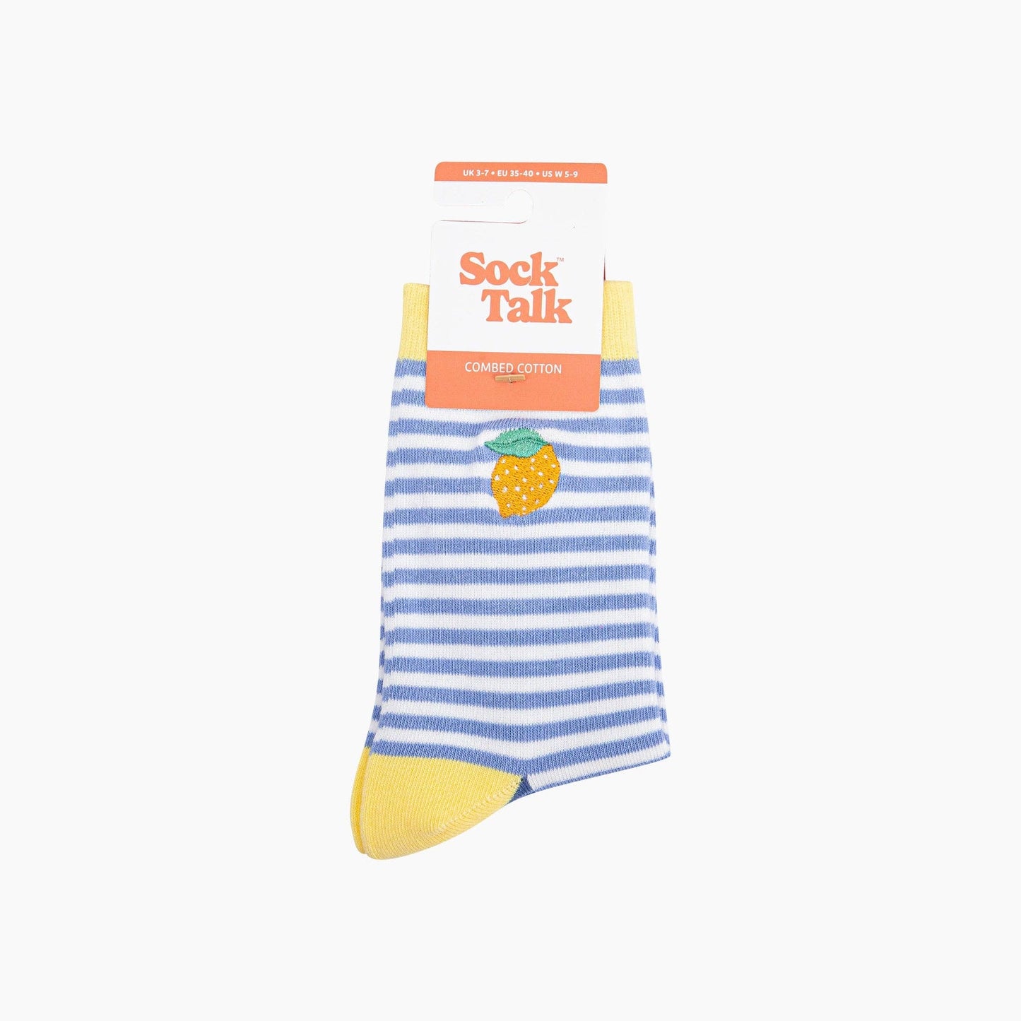 Embroidered Lemon Striped Combed Cotton Socks in Blue