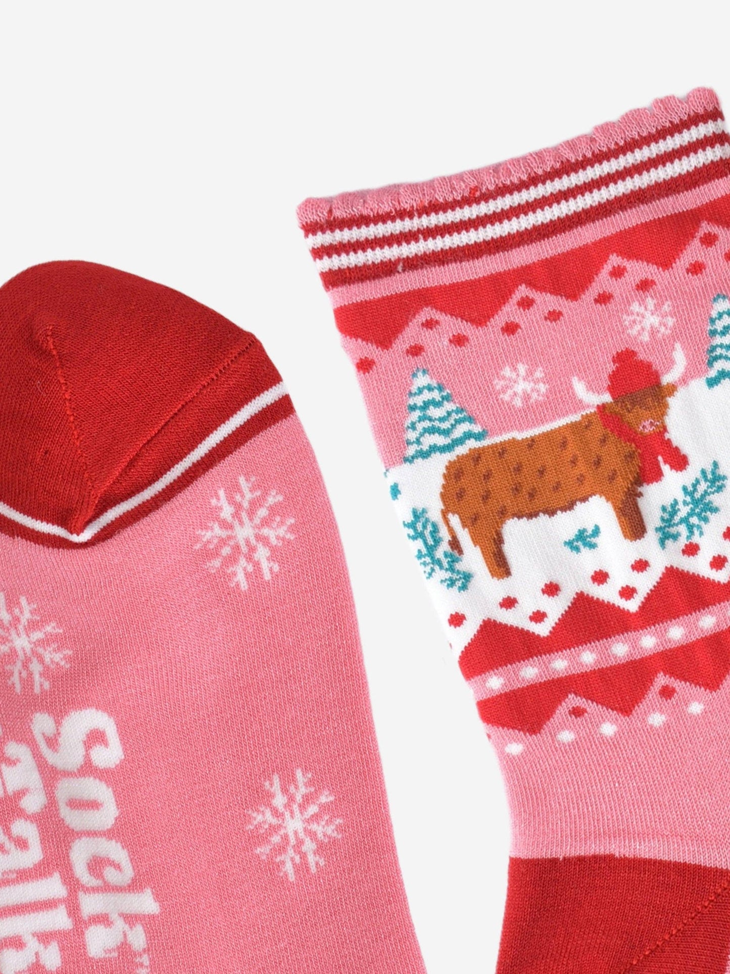 Women's Bamboo Socks - Pink/Red, Christmas Highland Cow