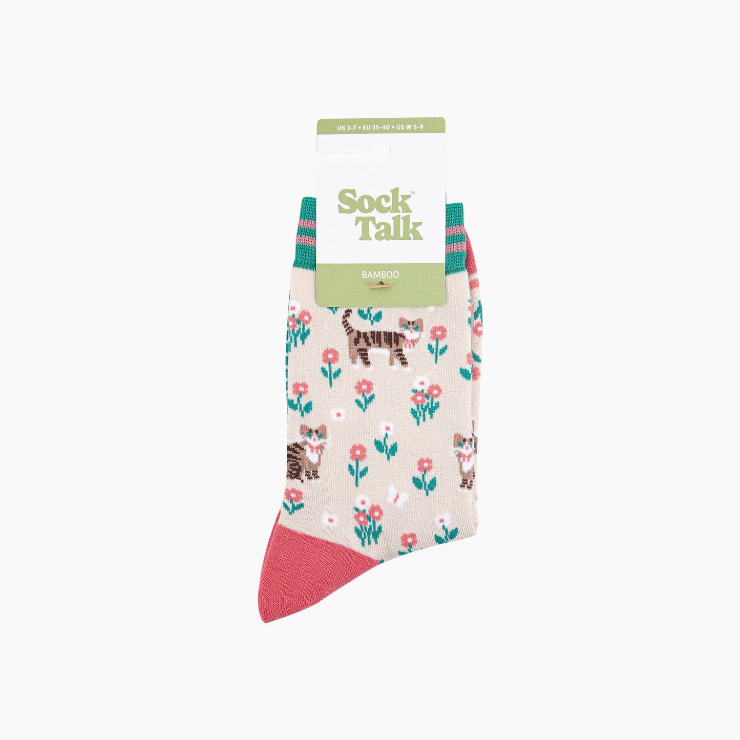 Tabby Cat Floral Bamboo Socks in Cream