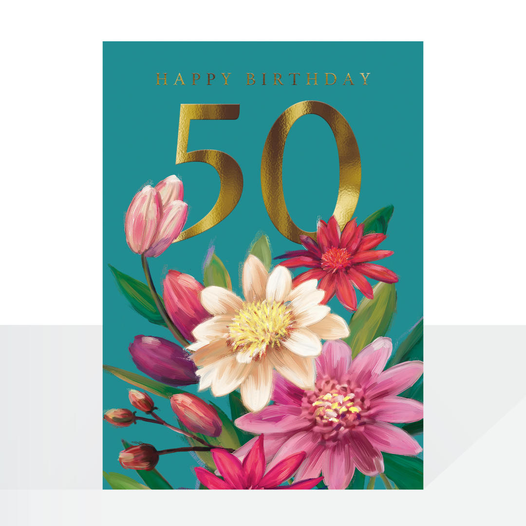 50th birthday card - oil painted floral