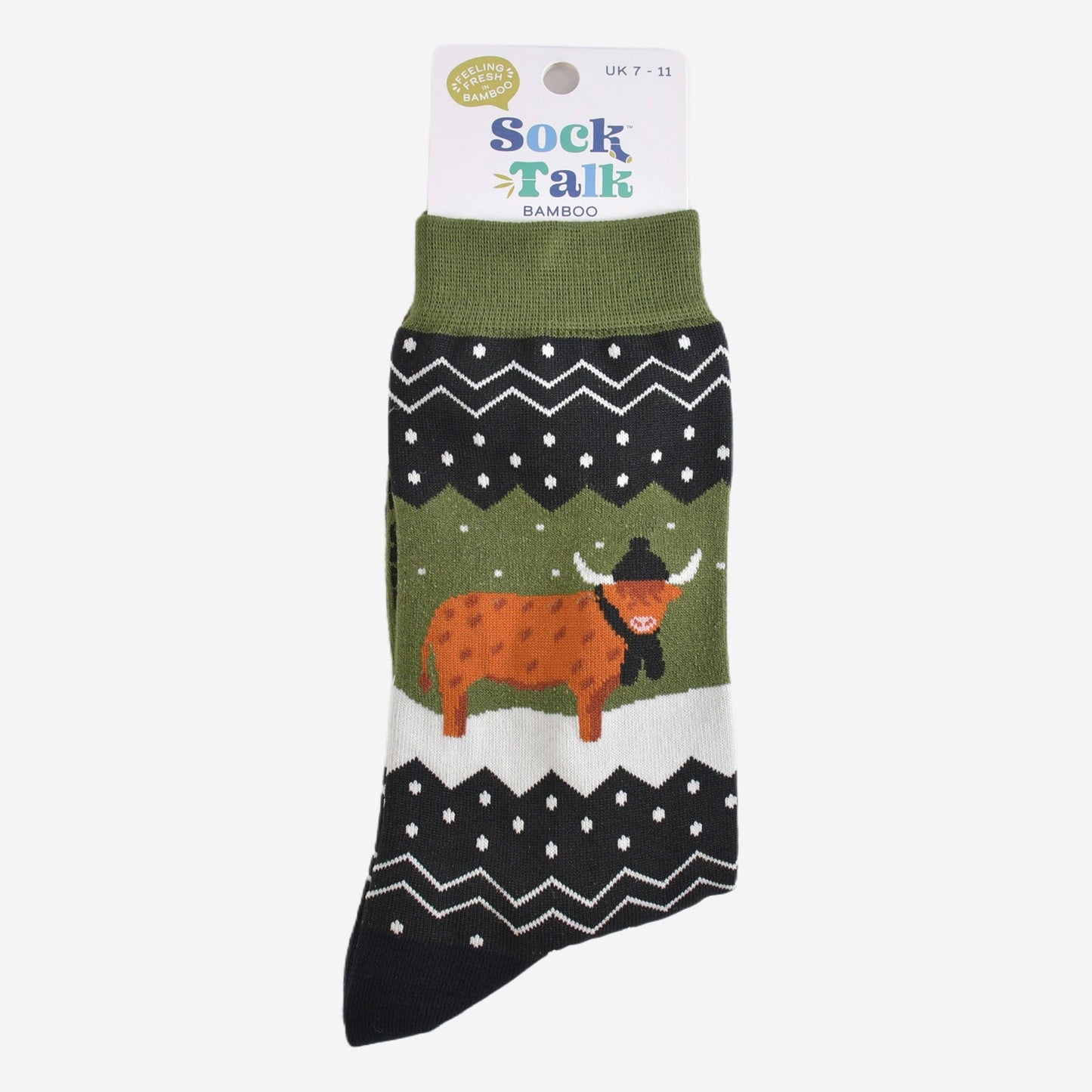 Men's Bamboo Socks - Green/Black, Winter Highland Cow