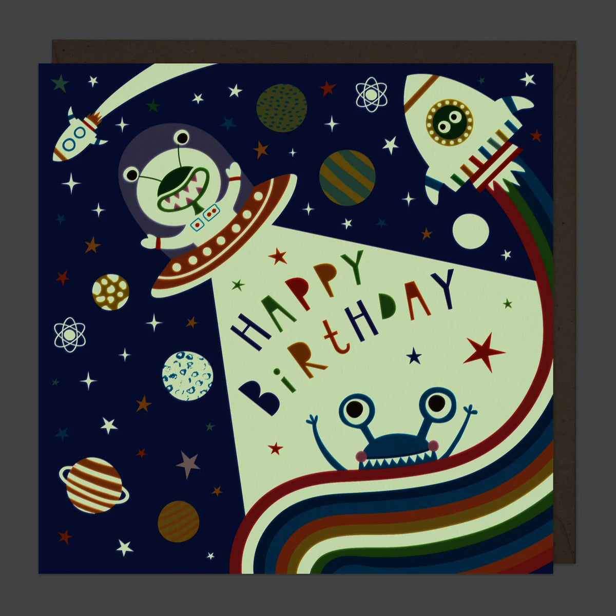 Happy birthday Space, glow in the dark - card