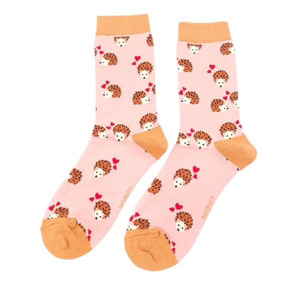 Ladies bamboo socks - hedgehogs & hearts pink
