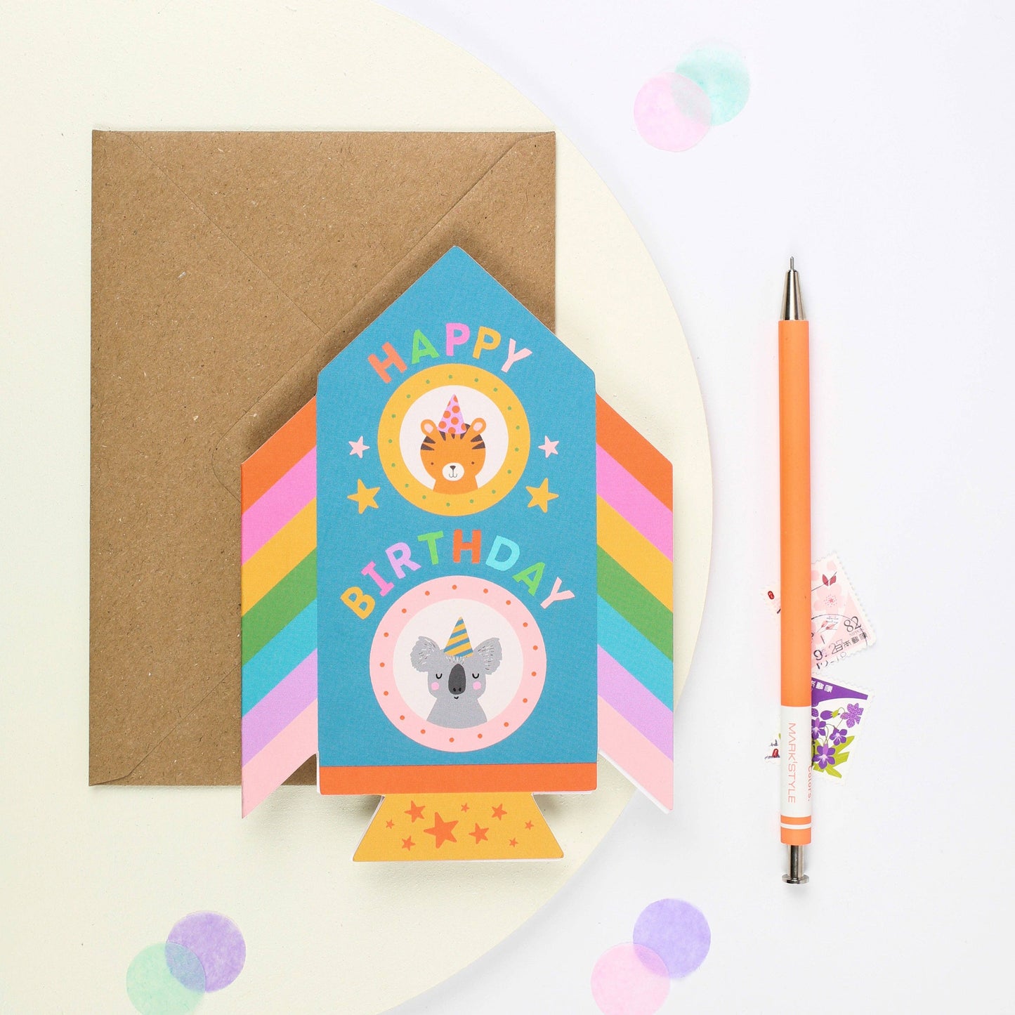 Die Cut Rainbow Rocket Birthday Card with Animal Friends