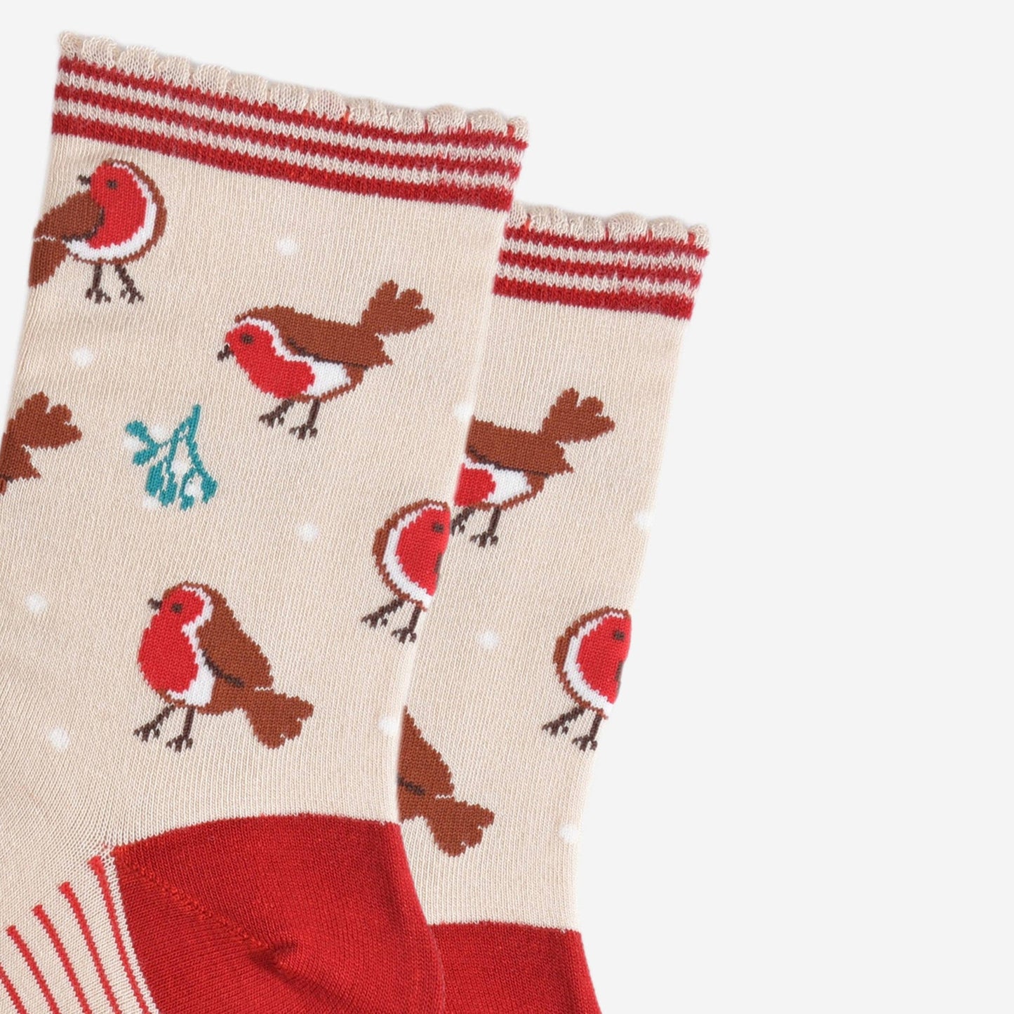 Women's Bamboo Socks - Cream/Red, Christmas Robin