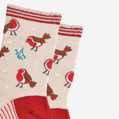 Women's Bamboo Socks - Cream/Red, Christmas Robin