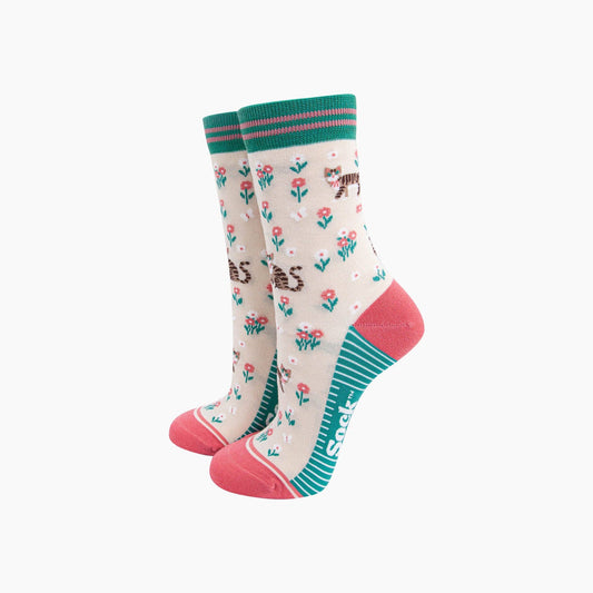 Tabby Cat Floral Bamboo Socks in Cream