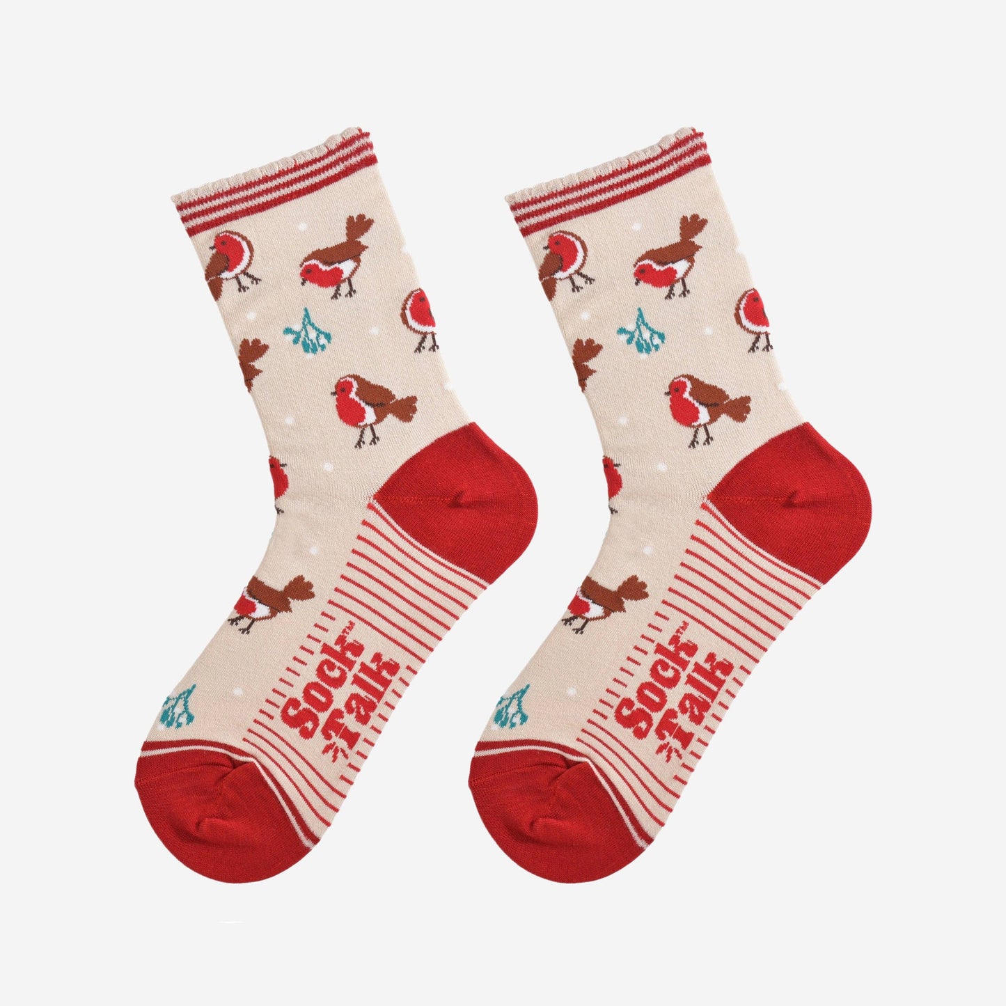 Women's Bamboo Socks - Cream/Red, Christmas Robin
