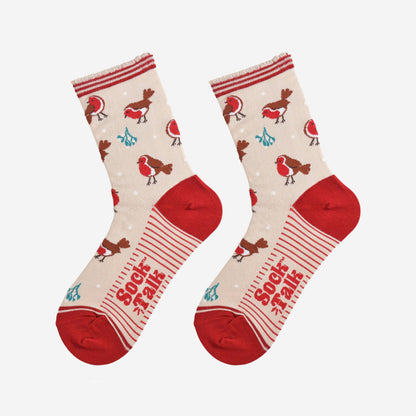 Women's Bamboo Socks - Cream/Red, Christmas Robin