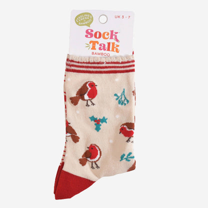 Women's Bamboo Socks - Cream/Red, Christmas Robin