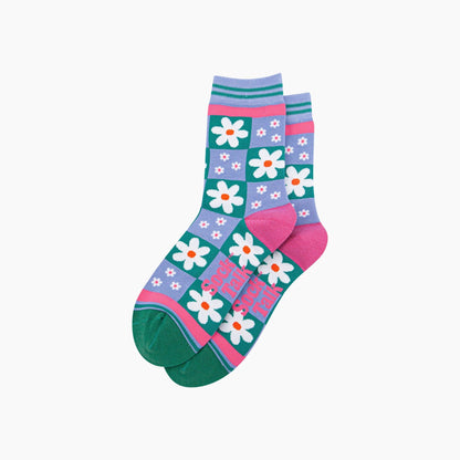 Flower Checkerboard Bamboo Socks in Blue