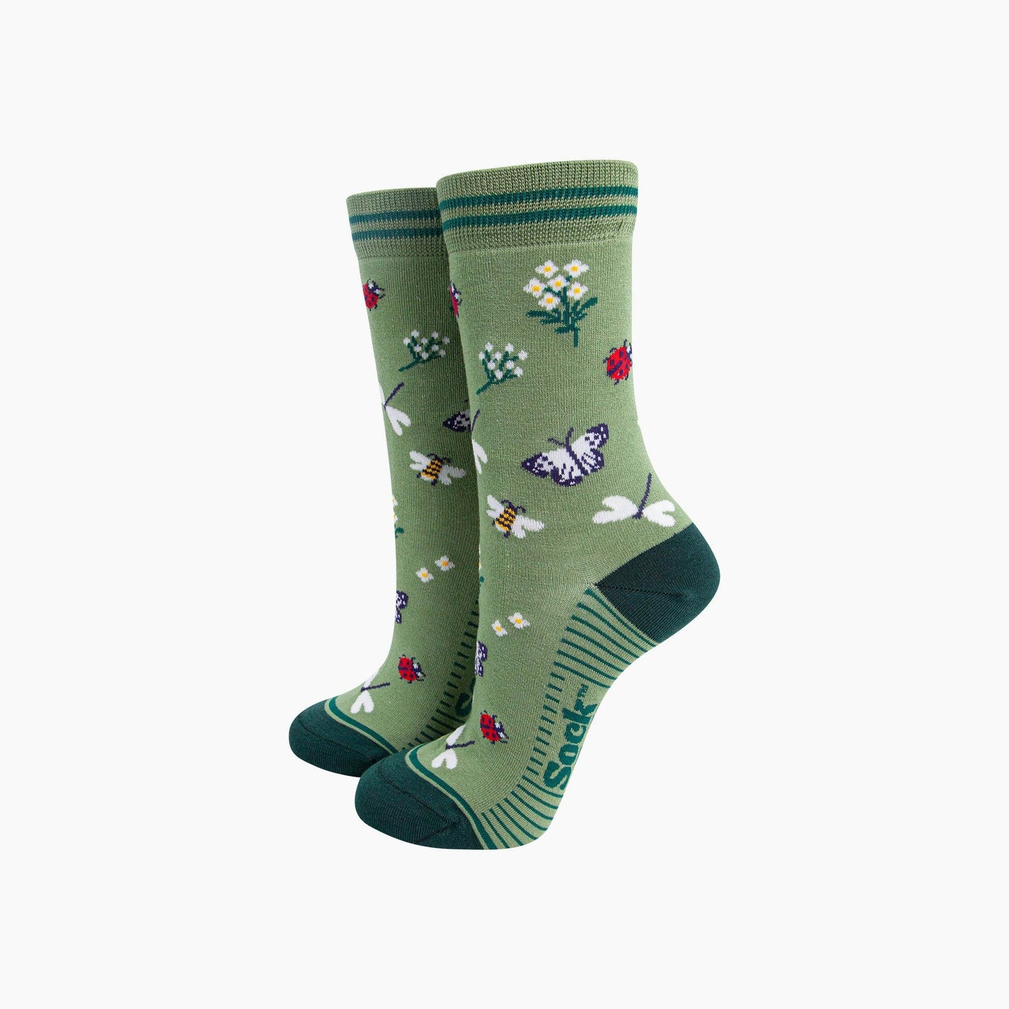 Garden Ladybird & Butterfly Bamboo Socks in Green