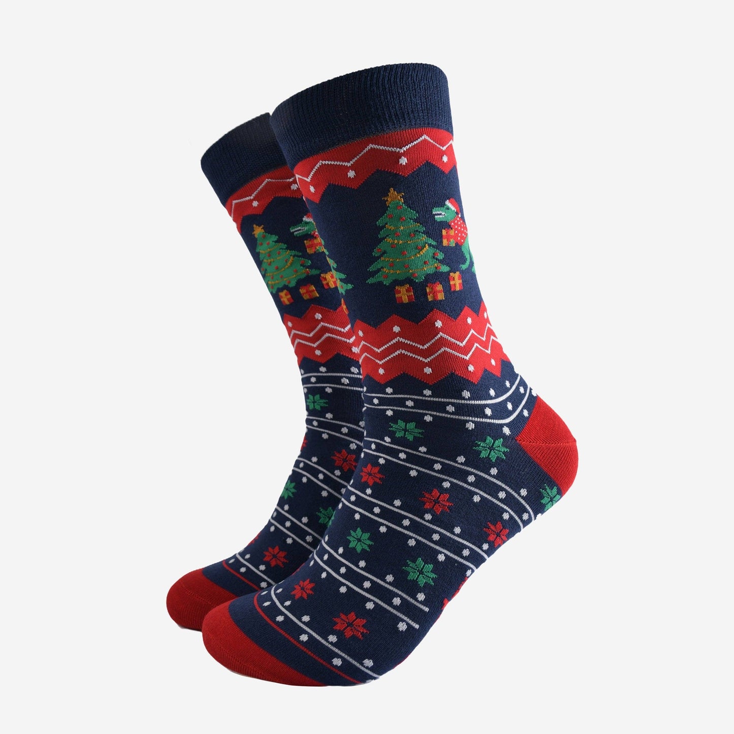 Men's Bamboo Socks - Navy Blue/Red, T-Rex Christmas Tree