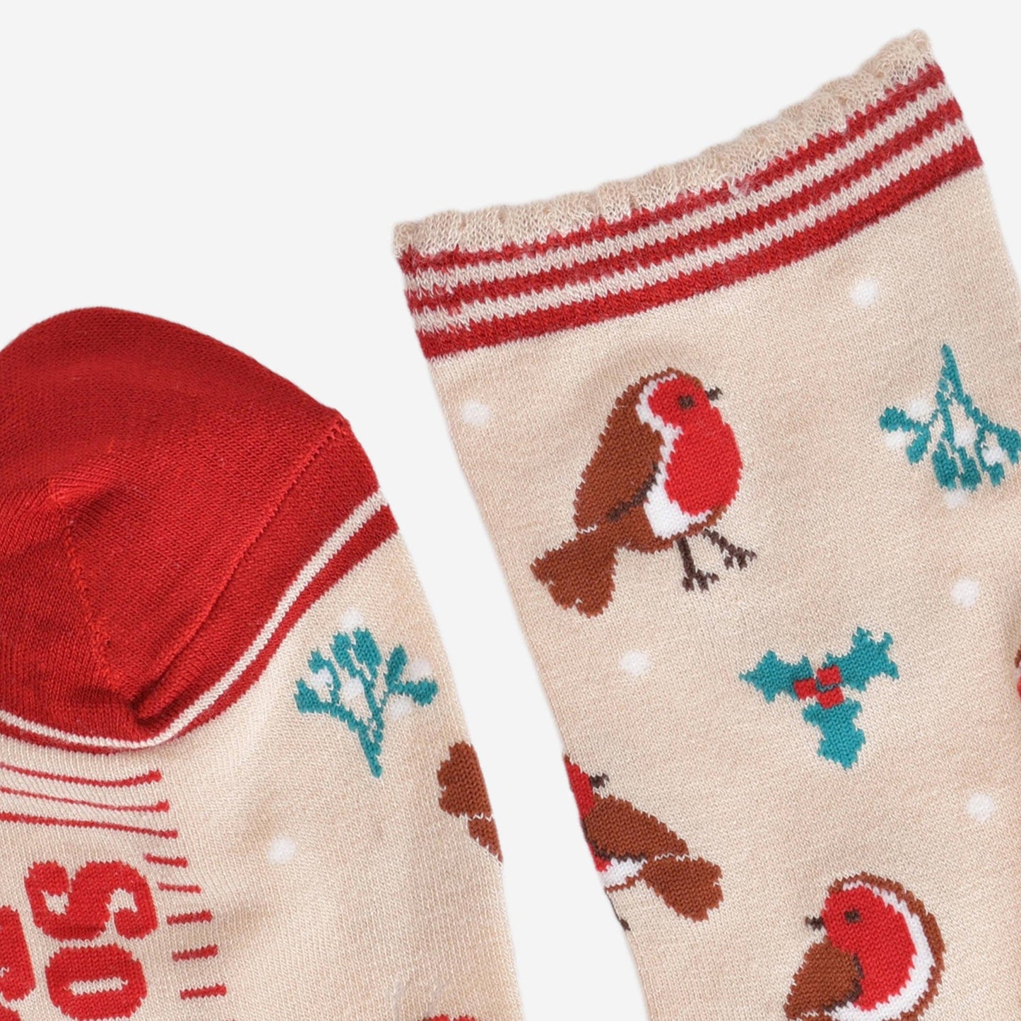 Women's Bamboo Socks - Cream/Red, Christmas Robin