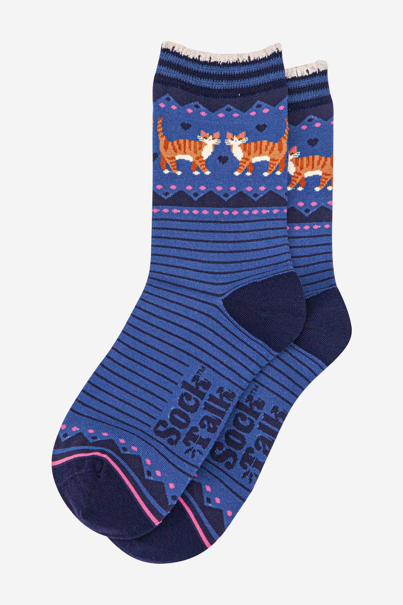 Women's Bamboo Socks - Denim Blue/Navy Blue, Ginger Cats
