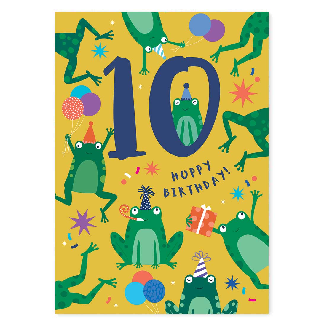 Fun Colourful Age 10 Frogs Birthday card for girls or boys
