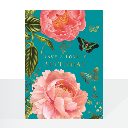 Lovely birthday peonies, butterfly & flowers - card