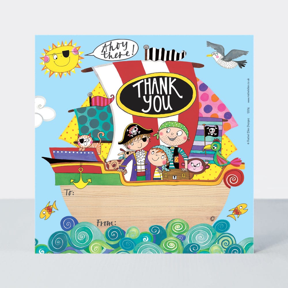 Pirate ship thank you (single sided) cards & envelopes x8 - Rachel Ellen