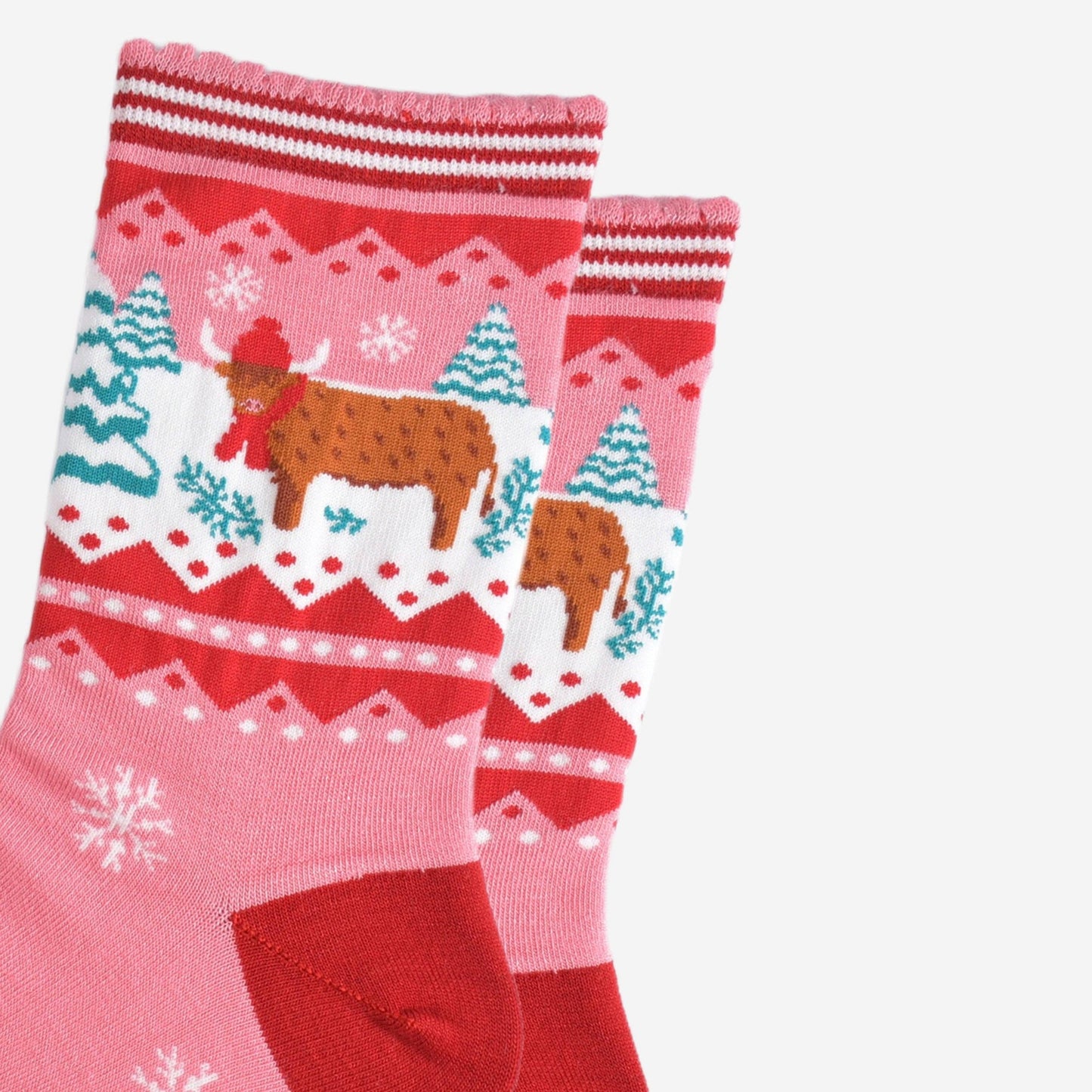 Women's Bamboo Socks - Pink/Red, Christmas Highland Cow