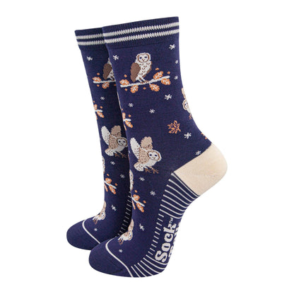Women's Bamboo Socks - Navy Blue/Cream, Barn Owls