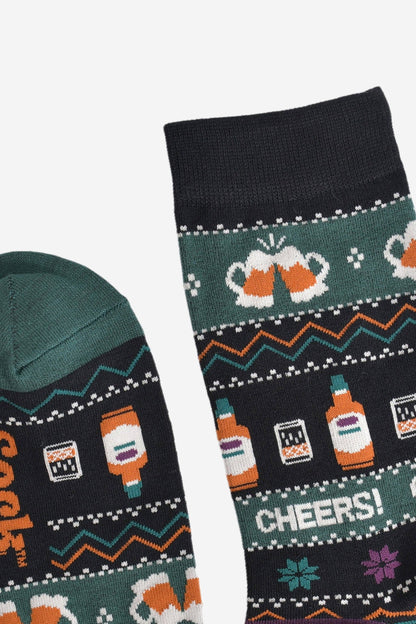 Men's Bamboo Socks - Black/Green, Party Drinks Fair Isle