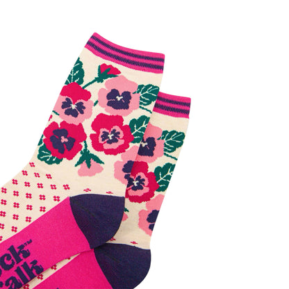 Ladies bamboo socks - Pink pansies