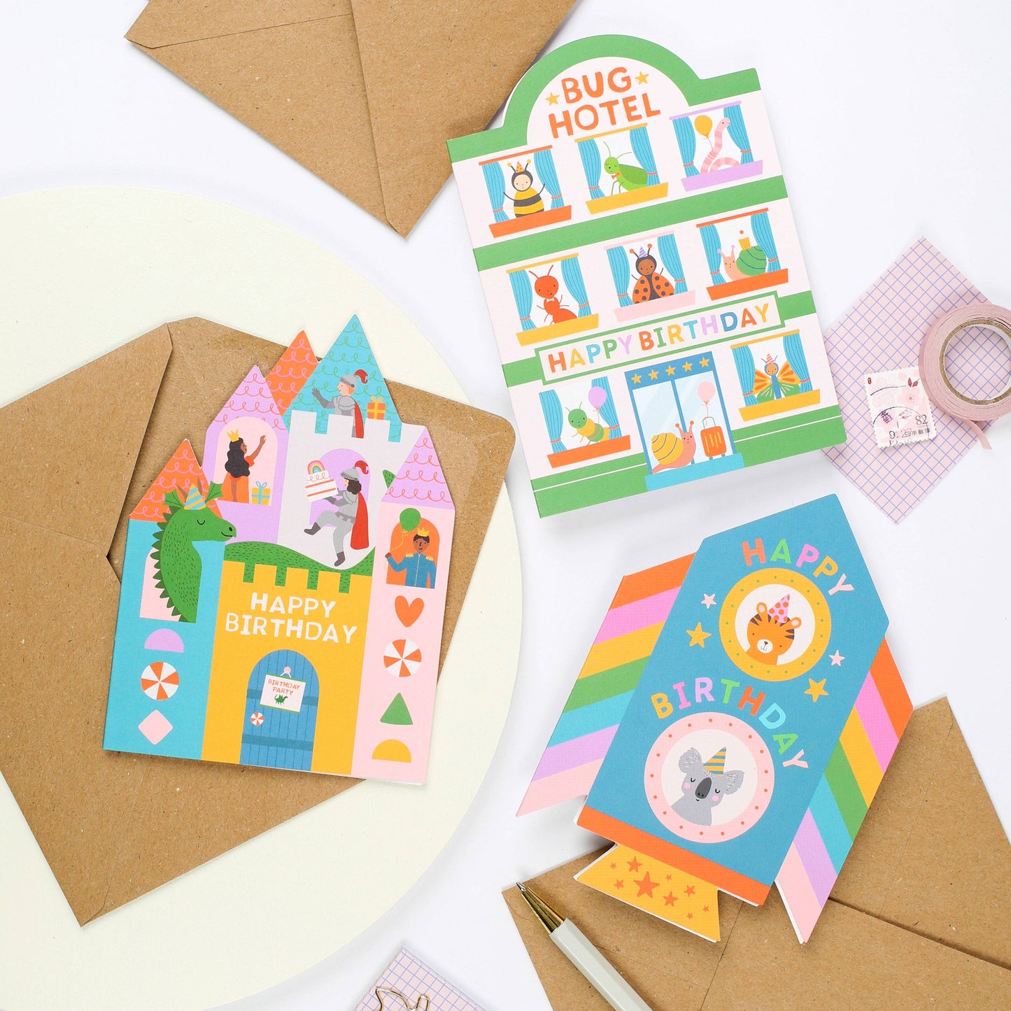 Die Cut Rainbow Rocket Birthday Card with Animal Friends