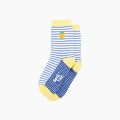 Embroidered Lemon Striped Combed Cotton Socks in Blue