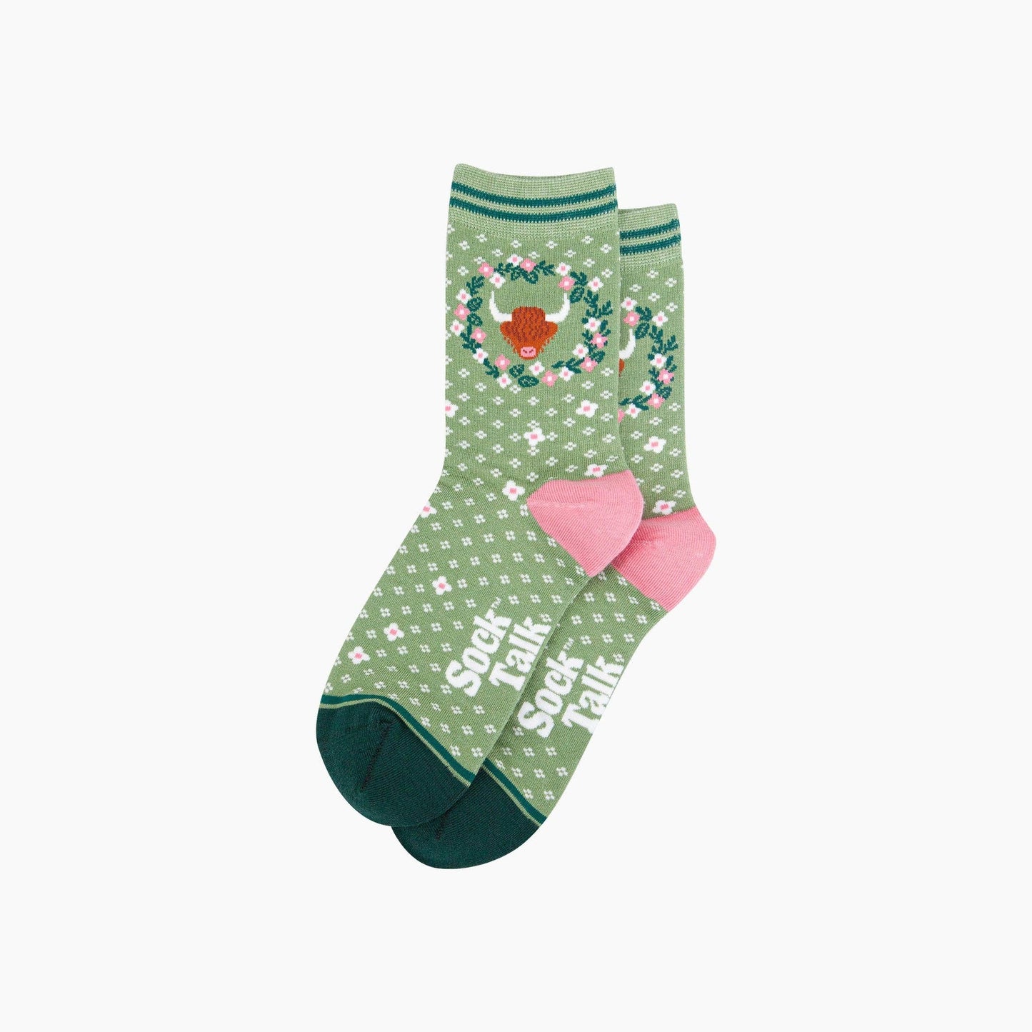 Highland Cow Floral Wreath Bamboo Socks in Green