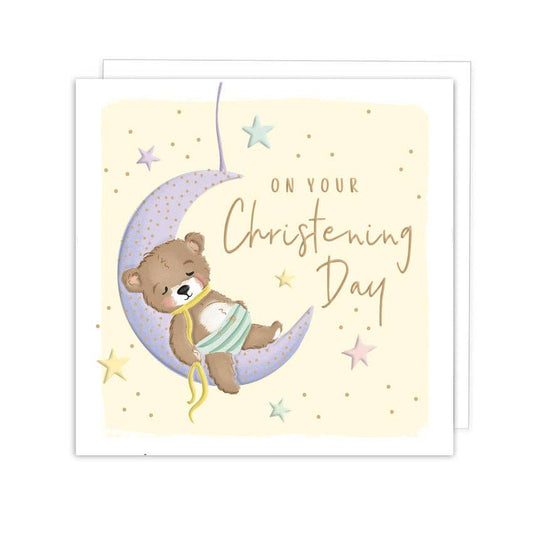 Christening - Cute Bear Sleeping on the Moon - Stars