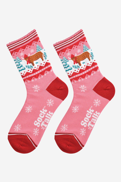 Women's Bamboo Socks - Pink/Red, Christmas Highland Cow
