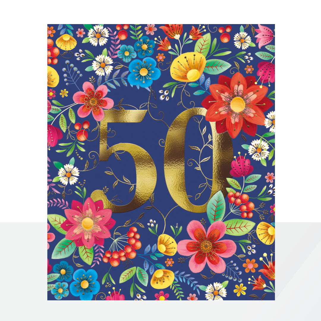 50th folksy female birthday card