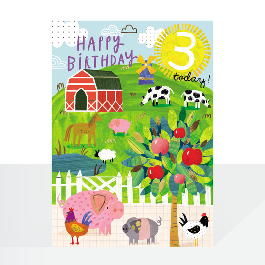 Age 3 farm animals birthday card