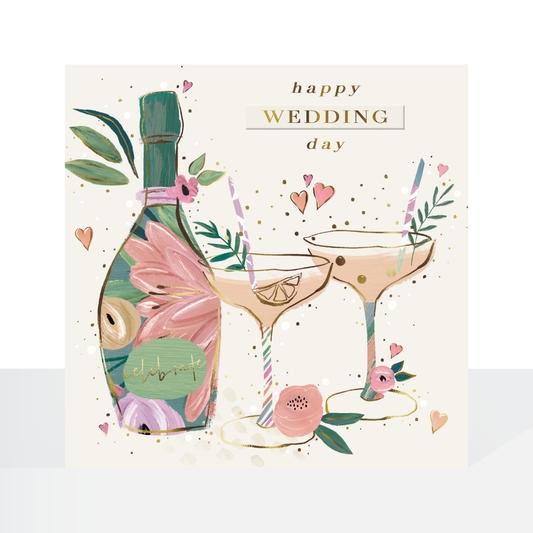 Happy Wedding Day, floral drinks card