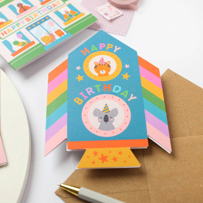 Die Cut Rainbow Rocket Birthday Card with Animal Friends
