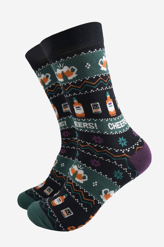 Men's Bamboo Socks - Black/Green, Party Drinks Fair Isle
