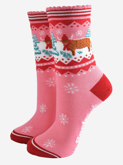 Women's Bamboo Socks - Pink/Red, Christmas Highland Cow