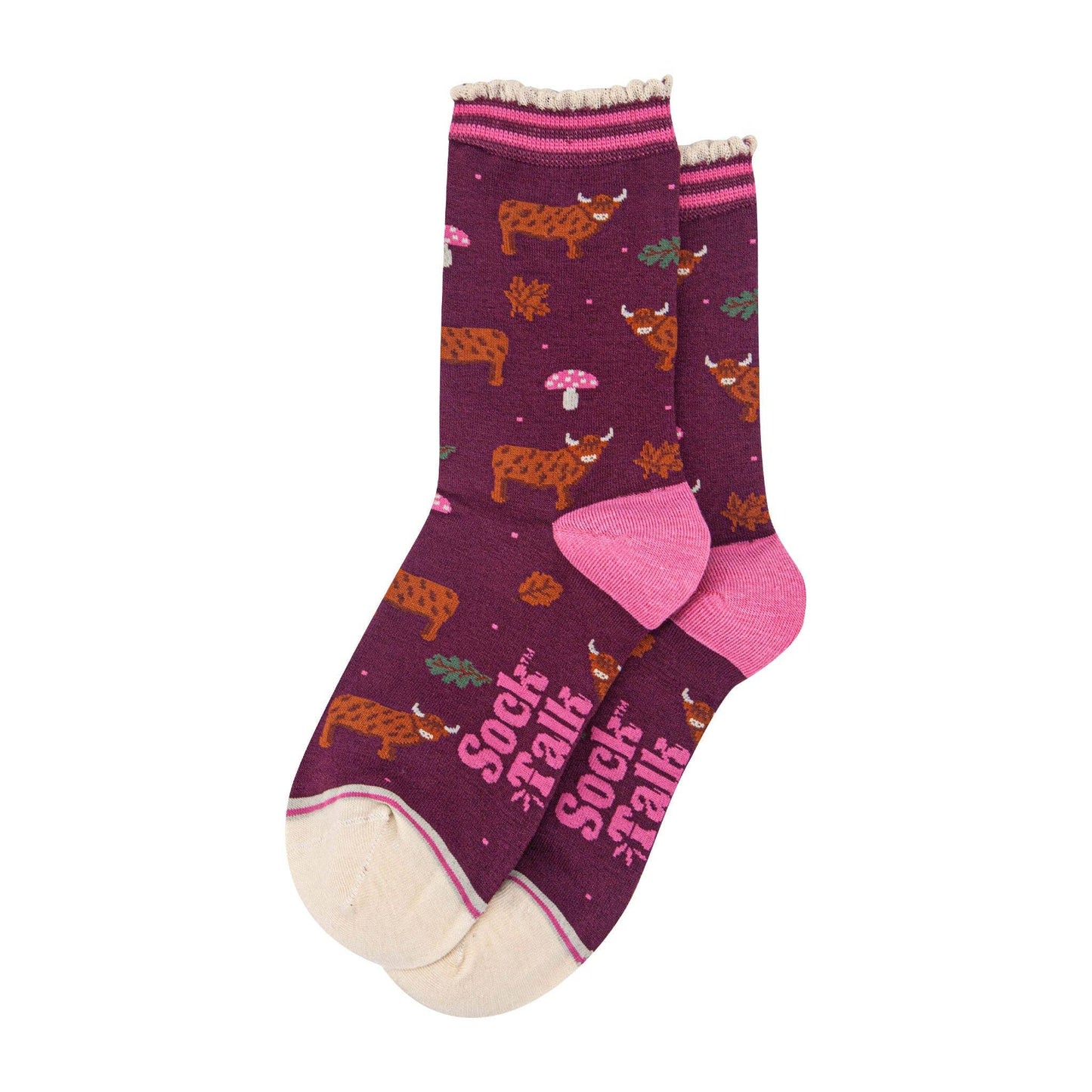 Women's Bamboo Socks - Berry/Cream, Highland Cow Toadstool