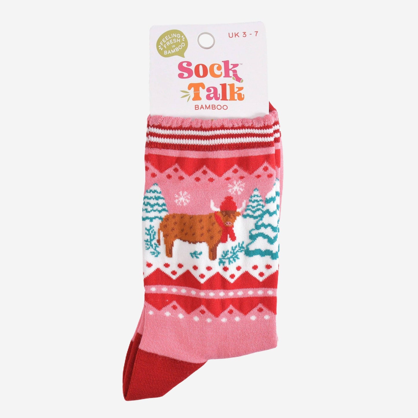 Women's Bamboo Socks - Pink/Red, Christmas Highland Cow