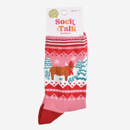 Women's Bamboo Socks - Pink/Red, Christmas Highland Cow