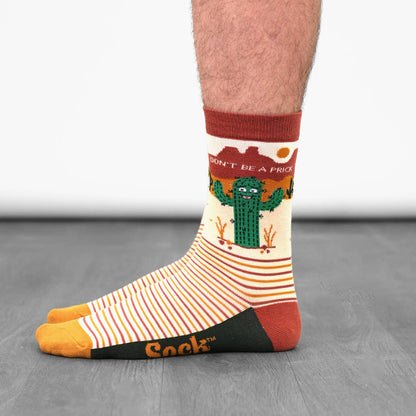 Men's Combed Cotton Crew Socks- Cream, Prickly Cactus