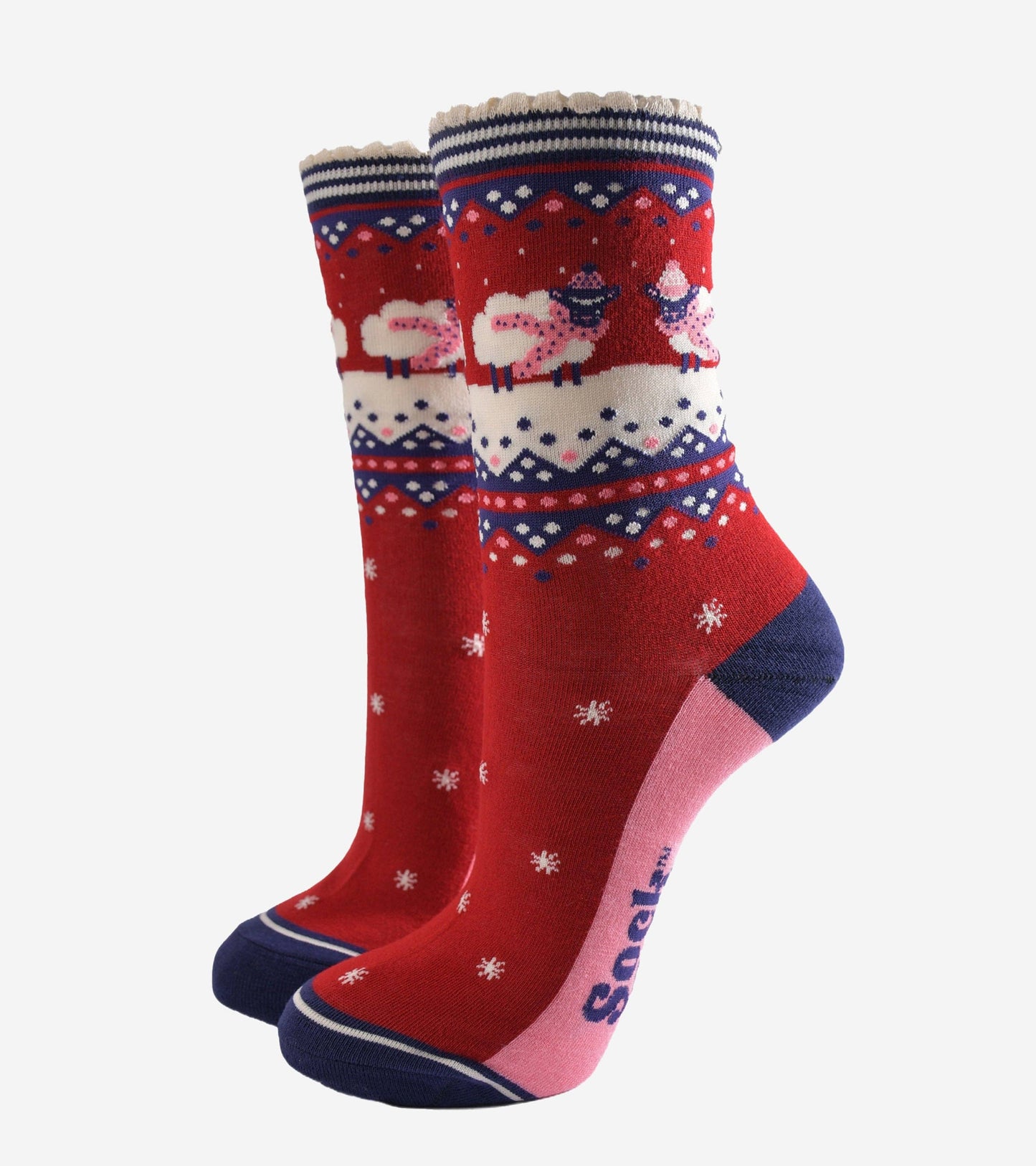 Women's Bamboo Socks - Red/Navy Blue, Sheep Fair Isle