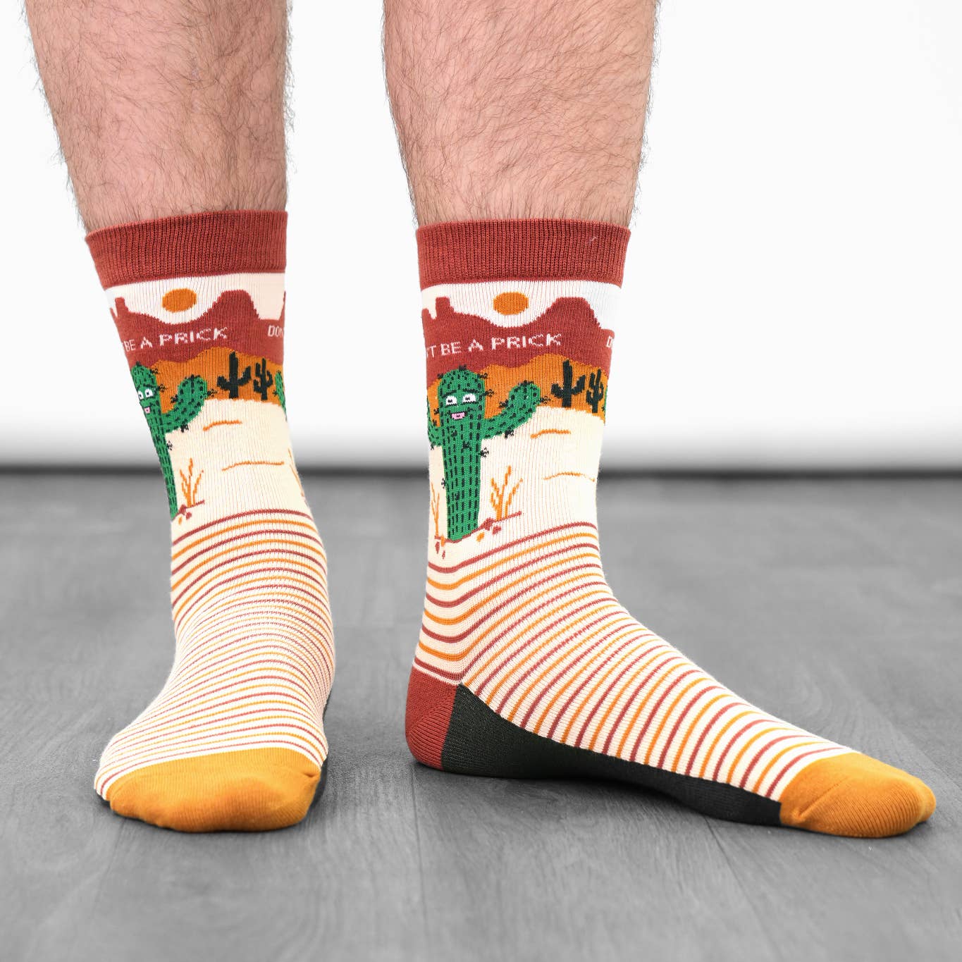 Men's Combed Cotton Crew Socks- Cream, Prickly Cactus