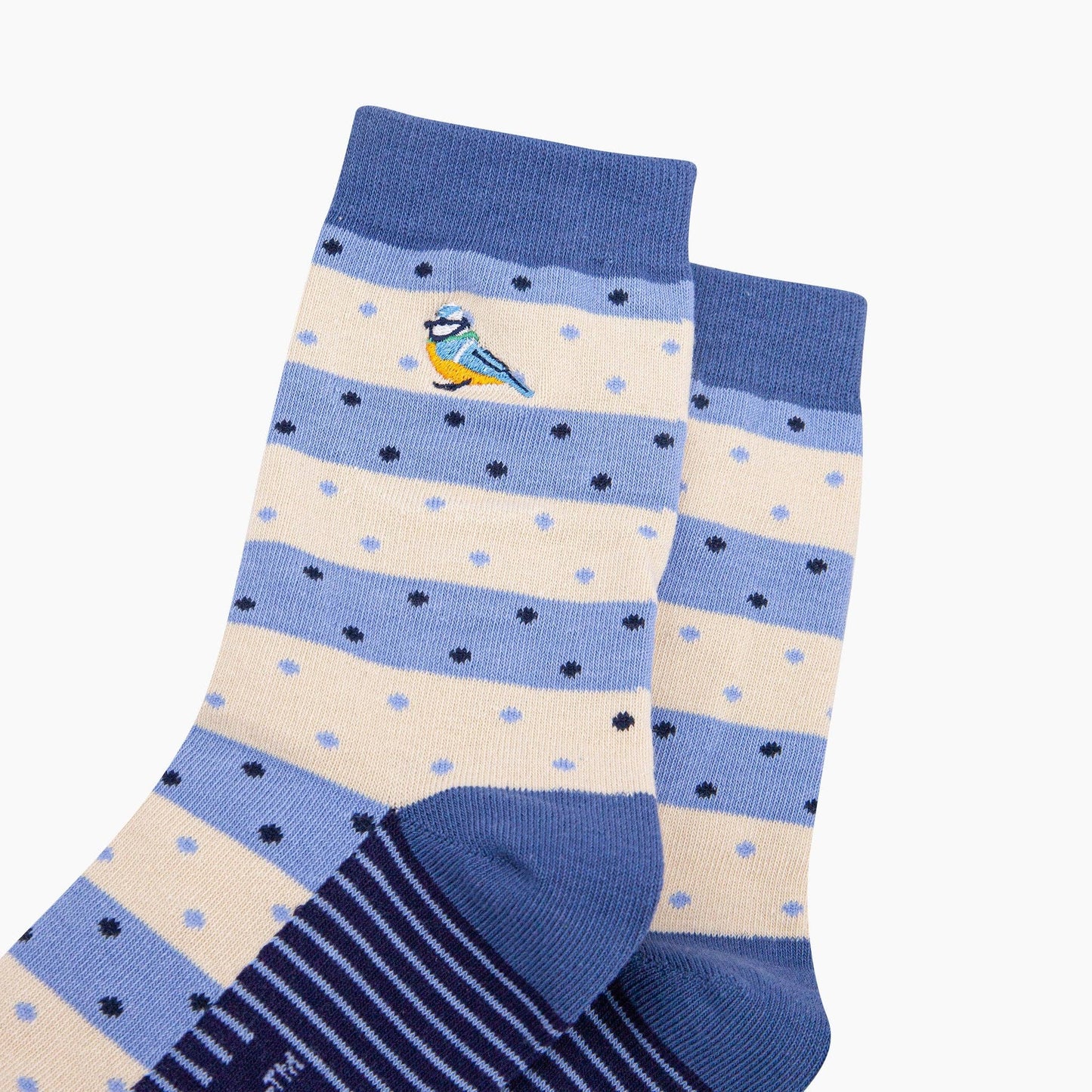Embroidered Blue Tits Combed Cotton Socks in Blue