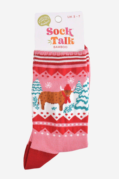 Women's Bamboo Socks - Pink/Red, Christmas Highland Cow