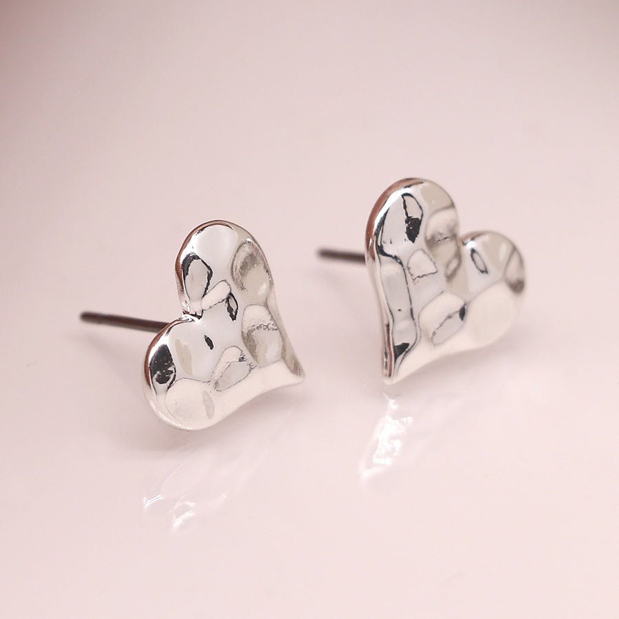Hammered heart stud earrings silver