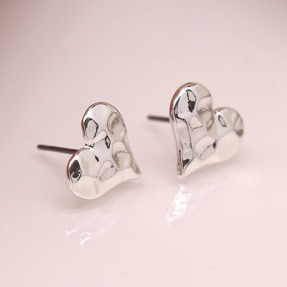 Hammered heart stud earrings silver